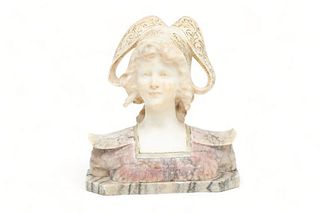 G. Lapini (Italian) Carved Marble Bust, Young Woman with Hat., H 14" W 13" Depth 6.75"