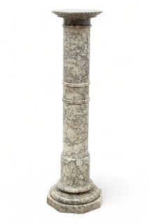 Variegated Grey & White Marble Pedestal, Ca. 1900, H 44" Dia. 13"