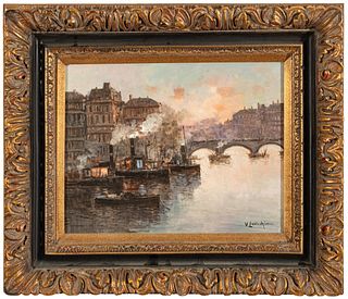 Vincenzo Laricchia (Italy, 1888-1990) Signed Oil on Canvas, "Paris Along the Seine", H 16" W 20"