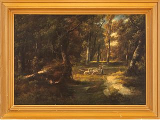 Barbizon Oil on Canvas, Ca. 19th.c., Shepherdess in a Barbizon Forest, H 20" W 28"