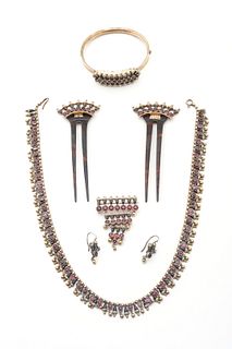Austro-Hungarian Parure Silver, Garnet & Enamel Jewelry Set, Ca. 1870, L 16.5" 2.7t oz 7 pcs