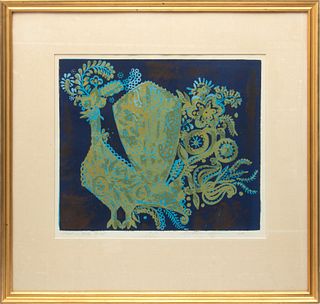 Jozsef Domjan (Hungarian, 1907-1992) Woodcut in Colors on Wove Paper, "Fairy Tale Bird", H 15.5" W 18.5"