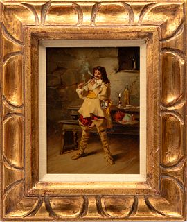 French School, Oil on Wood Panel, 19th C., Cavalier with Pipe, H 8.5" W 6"
