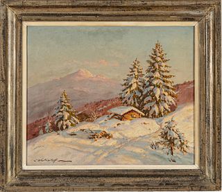 C. Westenicott Oil on Canvas, Winter Mountain Cabin, H 21" W 25"