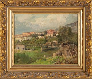 Mario Maresca (Italian, 1877-1959) Oil on Canvas, Early to Mid 20th C., Italian Village Landscape, H 12" W 14.5"