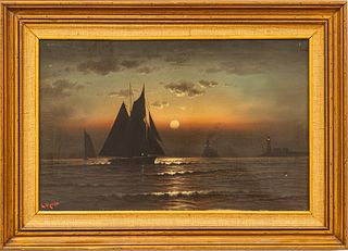 G. Moran, Oil on Canvas, Ca. 1900, "Sailing in Moonlight", H 17" W 27"