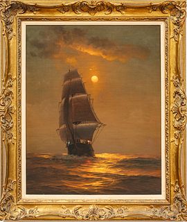 Warren W. Sheppard (American, 1858-1937) Oil on Artist Board, "Sailing by Moonlight", H 29" W 23"