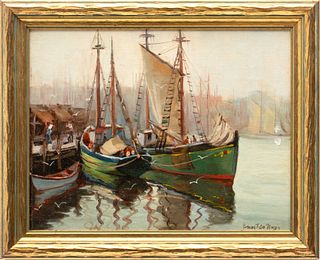 Ernest De Nagy (American, 1881-1952) Oil on Artist Board, 1940, "Sail Boats at Dock, Ogunquit, ME.", H 9" W 11.5"