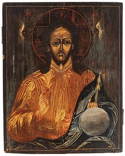 Orthodox Hand Painted Wood Panel Icon, Christ Pantocrator, H 12" W 10.25"