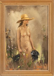Thomas W. Quinn (British, 1918-2015) Oil on Board Ca. 20th Century, "Nude with Black Labrador", H 36" W 25"