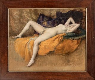 Albert Joseph Penot (French, 1862-1930) Oil on Artist Board Ca. 1920, "Nude", H 17.5" W 21.5"