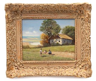 Alois Reichl (Austrian, B. 1864) Oil on Canvas, "Children in Landscape", H 8" W 9.5"