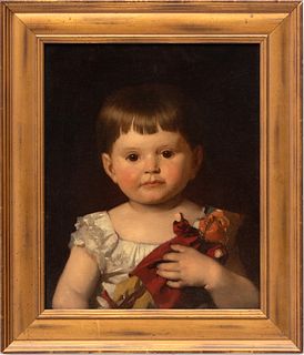 European School Oil on Canvas, 19th C., "Portrait of a Young Girl with Doll", H 17.5" W 14"
