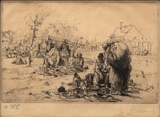 Auguste Brouet (French, 1874-1945) Drypoint And Etching Petite Marchee Aux Puces, H 5.7" W 3.5"