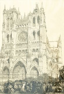Louis-Auguste Lepere (French, 1849-1918) Etching And Drypoint on Paper, "Amiens Cathedral: Jour De L'Inventaire", H 13.5" W 9.5"
