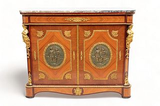 in the Manner of Jean-Henri Riesener (French) Louis XVI Style Marble Top Commode, Ca. 20th Century, H 40" L 48" Depth 16"