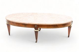 Louis XVI Style Mahogany Coffee Table, Rouge Marble Top, Ca. 1930, H 16" L 50" Depth 18"
