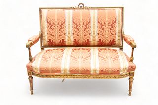 Louis XVI Style Upholstered Gilded Wood Sofa, H 40" L 43" Depth 24"