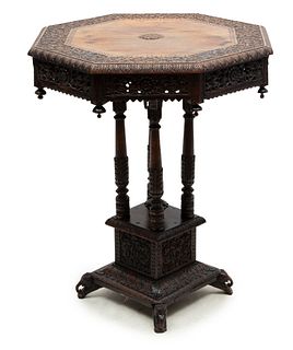 Carved Walnut Octagonal Top Pedestal Table, H 29" W 23.5" L 23.5"