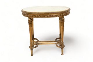 French Louis XVI Style Onyx & Gillded Wood Parlor Table, Ca. 1920, H 29" L 42" Depth 22"