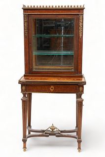 Louis XVI Style Carved Mahogany And Burl Wood Veneer Vitrine Cabinet H 58" L 26" Depth 17"