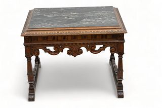 David Zork Co. (Chicago) Spanish Style Carved Walnut Table, Marble Top, Ca. 1910, H 20" W 20" L 26"