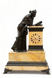 Marble And Bronze Mantle Clock, H 28" L 19" Depth 18"