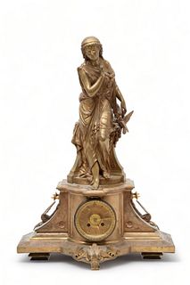 Covell Gray & Co (New York) Dore Bronze Figural Mantle Clock, H 25" L 18" Depth 7"