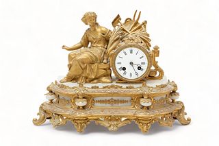 French Alabaster And Bronze Mantle Clock