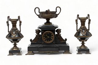 French Egyptian Revival Black Marble with Bronze Mounts Mantle Clock Set, H 16" L 17" Depth 5" 3 pcs