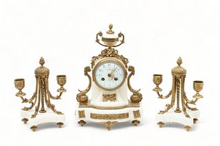 L. Jule (French) Carved Alabaster Mantle Clock Set, H 11.5" L 7.5" Depth 4" 3 pcs