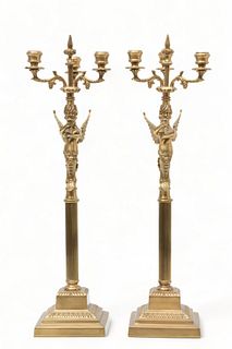 Pair of French Empire Style Gilt Metal 3-Light Candelabra, H 23.25" W 5.5" Depth 5.5"