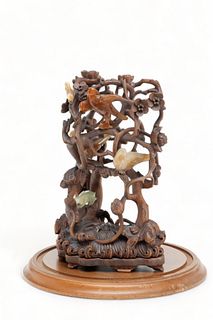 Chinese Carved Wood And Hardsone Sculpture, "Birds in a Tree", H 10" Dia. 7"
