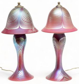 Steven V. Correia (American) Pulled Feather Art Glass Lamps, Ca. 1980, H 18.5" W 8.5" 1 Pair