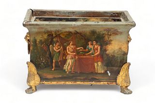 Allegorical Painted Table Box, H 9.5" L 13.5" Depth 9"
