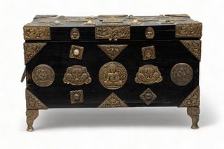 Korean Style Wood And Brass Clad Chest, Ca. 20th C., H 14" L 23" Depth 13.75"