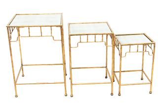 Two's Company (American) Gilt Metal Nesting Tables, Mirror Tops, 21st C., H 26.25" W 18" L 18" 3 pcs