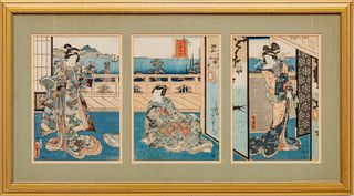 Utagawa Kunisada II (Japanese, 1823-1880) 3 Woodblock Prints "Returning Sails from Yabase", H 13.5" W 9.5"