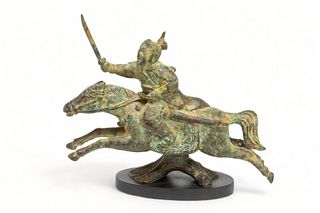 Chinese Archaic Style Bronze Sculpture, Warrior on Horseback, H 10" W 3" L 11.5"