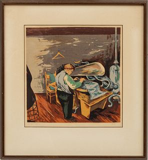 Mervin Jules, (American, 1912-1994) Serigraph in Colors on Wove Paper, 1940, "Little Tailor", H 11" W 10"