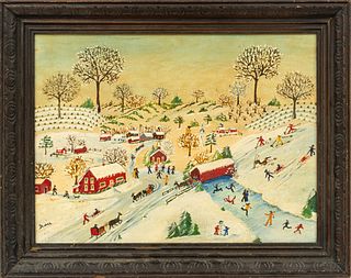 Grace McArthur, Michigan , 1898-1986 Oil on Canvas "Winter Fun", H 12" W 16"