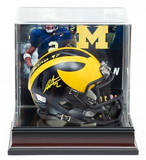 University of Michigan, 1997 Heisman Trophy Winner Charles Woodson Autographed Miniature Football Helmet Display, H 8.75" W 8.5" Depth 6.5"