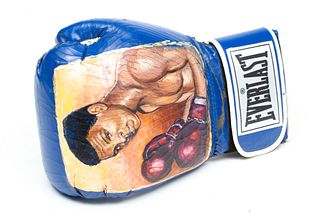 Hand Painted Portrait of Muhammad Ali on a Boxing Glove, 2006, L 12.25"
