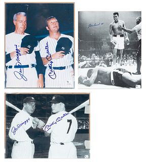 Autographed Sports Photographs, Joe Dimaggio, Mickey Mantle And Muhammed Ali, 3 pcs