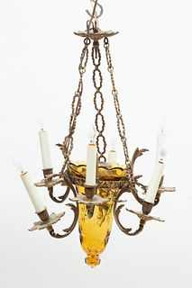 6-light Metal And Amber Glass Chandelier, Dia. 15"