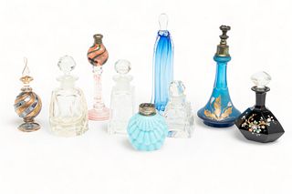 Antique Glass & Crystal Perfume Bottles, Ca. 1900, H 7" W 2.25" L 2.25" 9 pcs