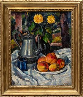 Edward Fisk, Oil on Canvas, "Still Life of Fruit And Flowers", H 19" W 15.5"