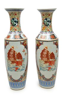 Chinese Palace-Size Porcelain Vases, 21st C., Junk Boat And Koi with Exotic Birds in Blossoms, H 50.25" Dia. 14" 1 Pair