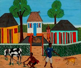 F. Cherizard (Haitian/Cap-Haïtien, 20th c.) Tethering Animals, Pounding Grain