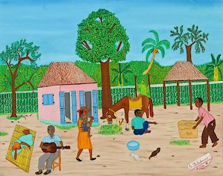 S.R. Laybonne (Haitian/Cap-Haïtien, 20th c.) Rural Life with Music